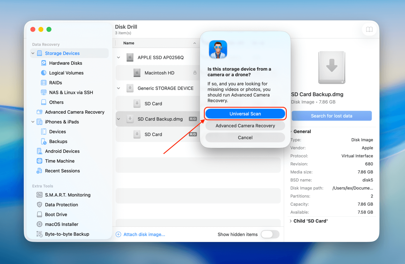 Choosing the appropriate scan type for the SD card in Disk Drill
