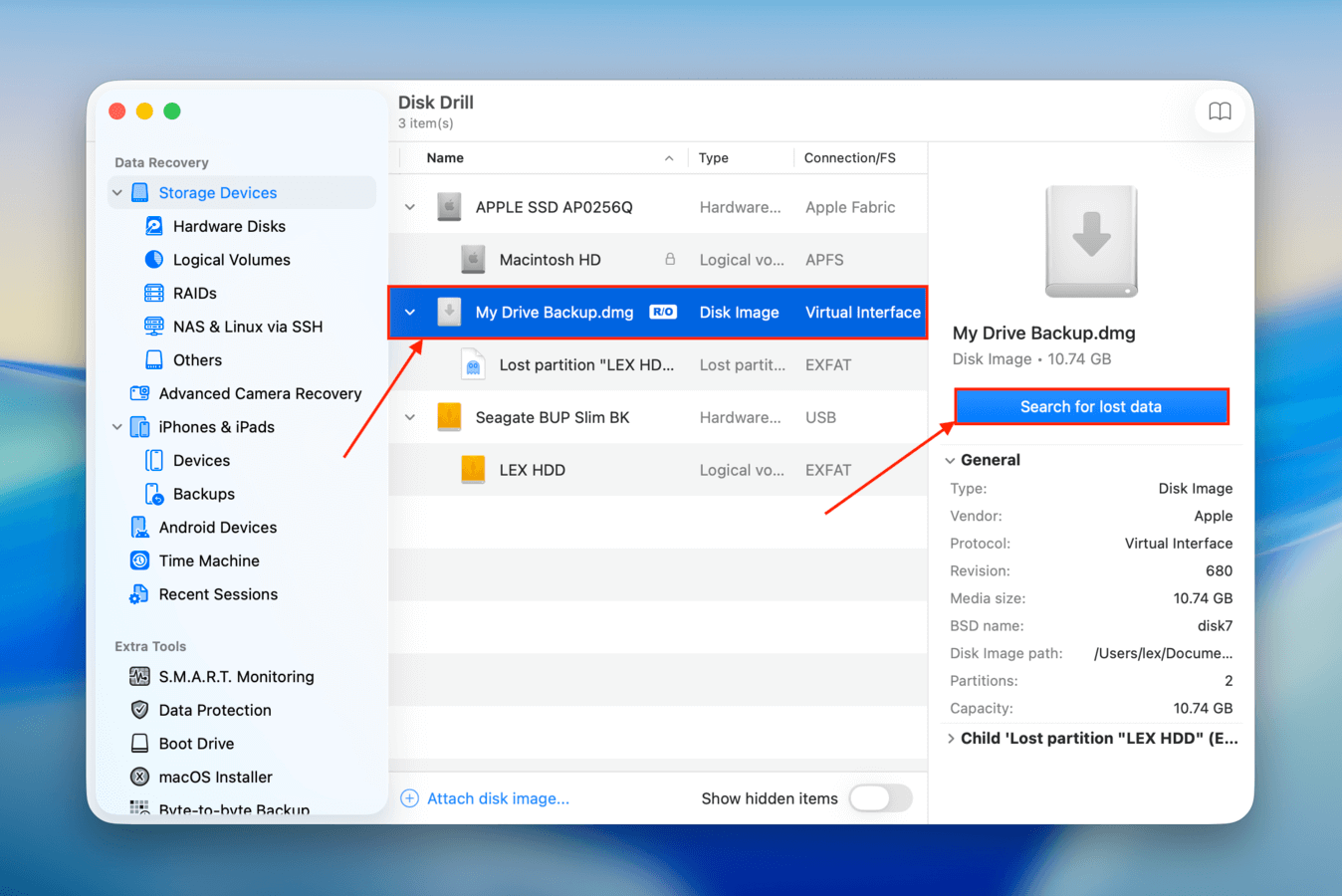 Scanning the backup image in Disk Drill
