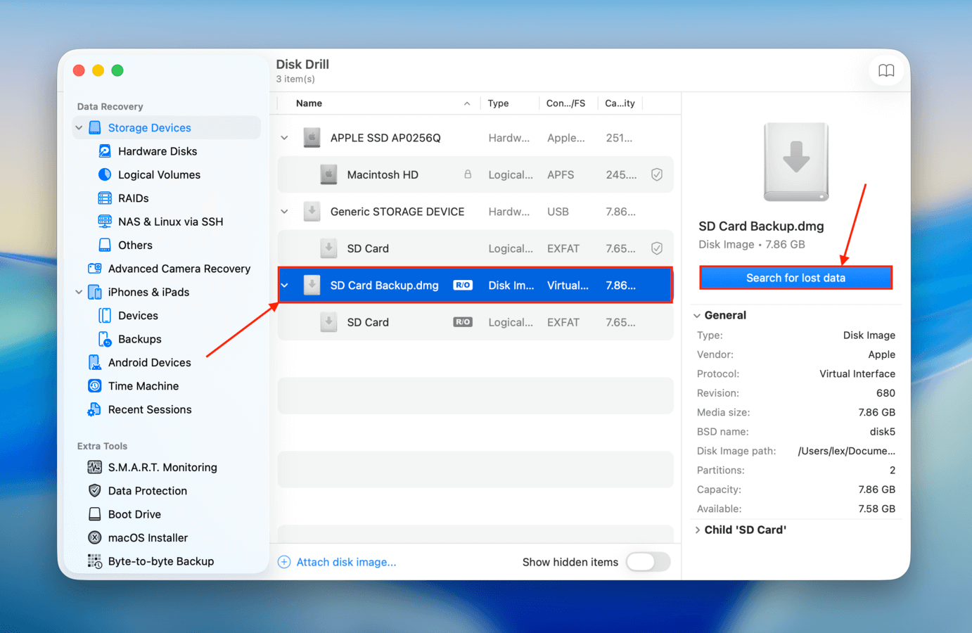 Scanning the SD card's image backup with Disk Drill