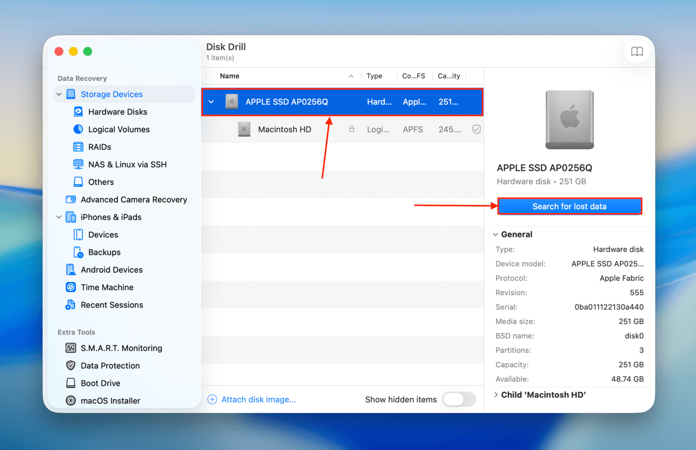 Scanning a Mac's system drive using Disk Drill