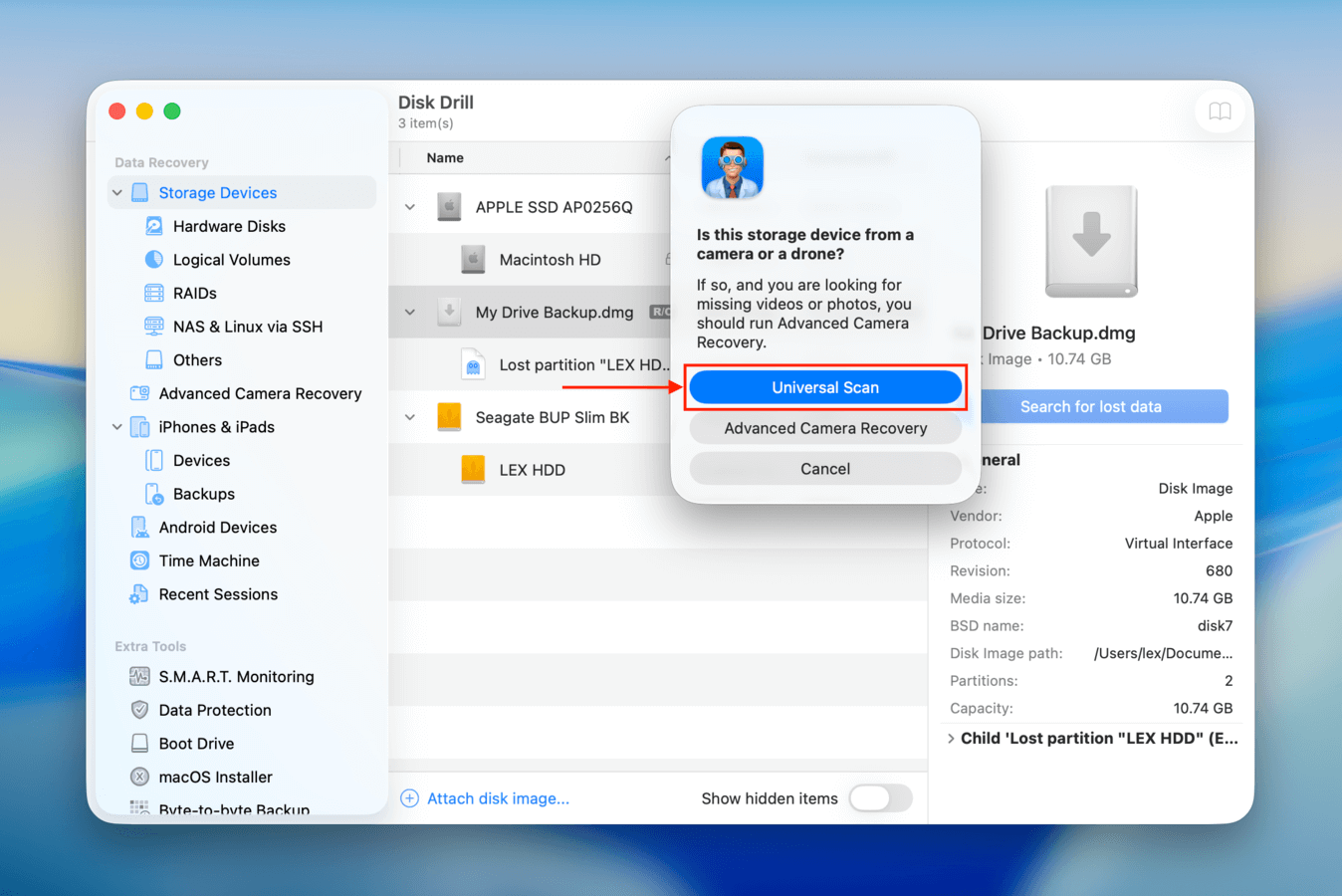 Choosing the Universal Scan type in Disk Drill
