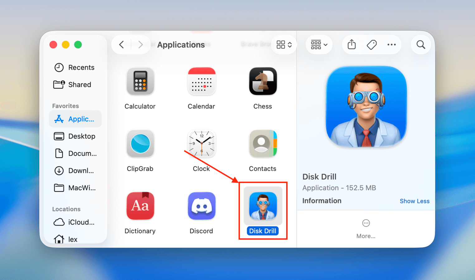 Opening Disk Drill in the Applications folder