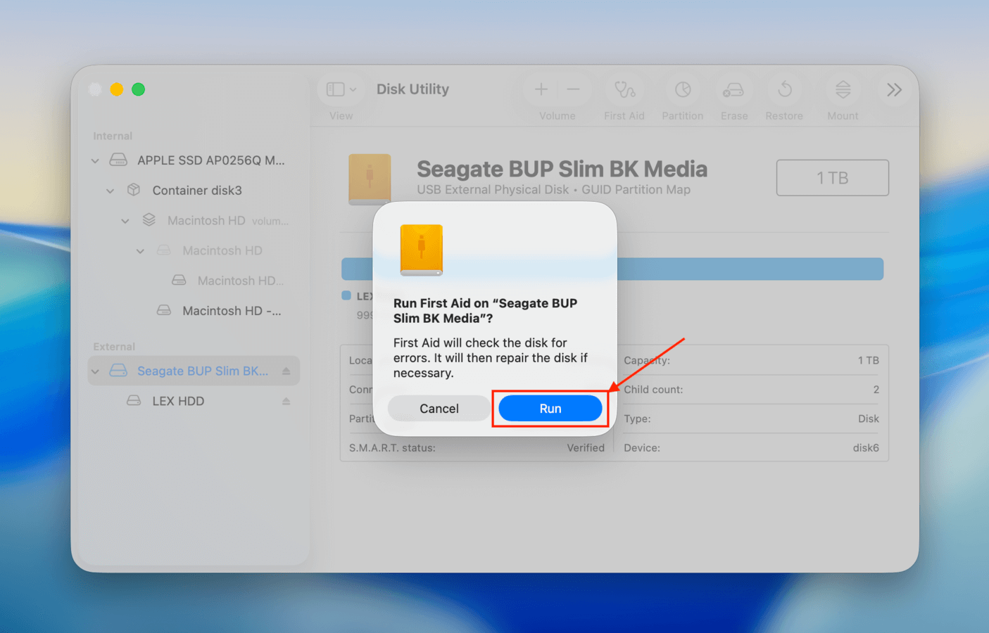 Confirming First Aid on an HDD in Disk Utility