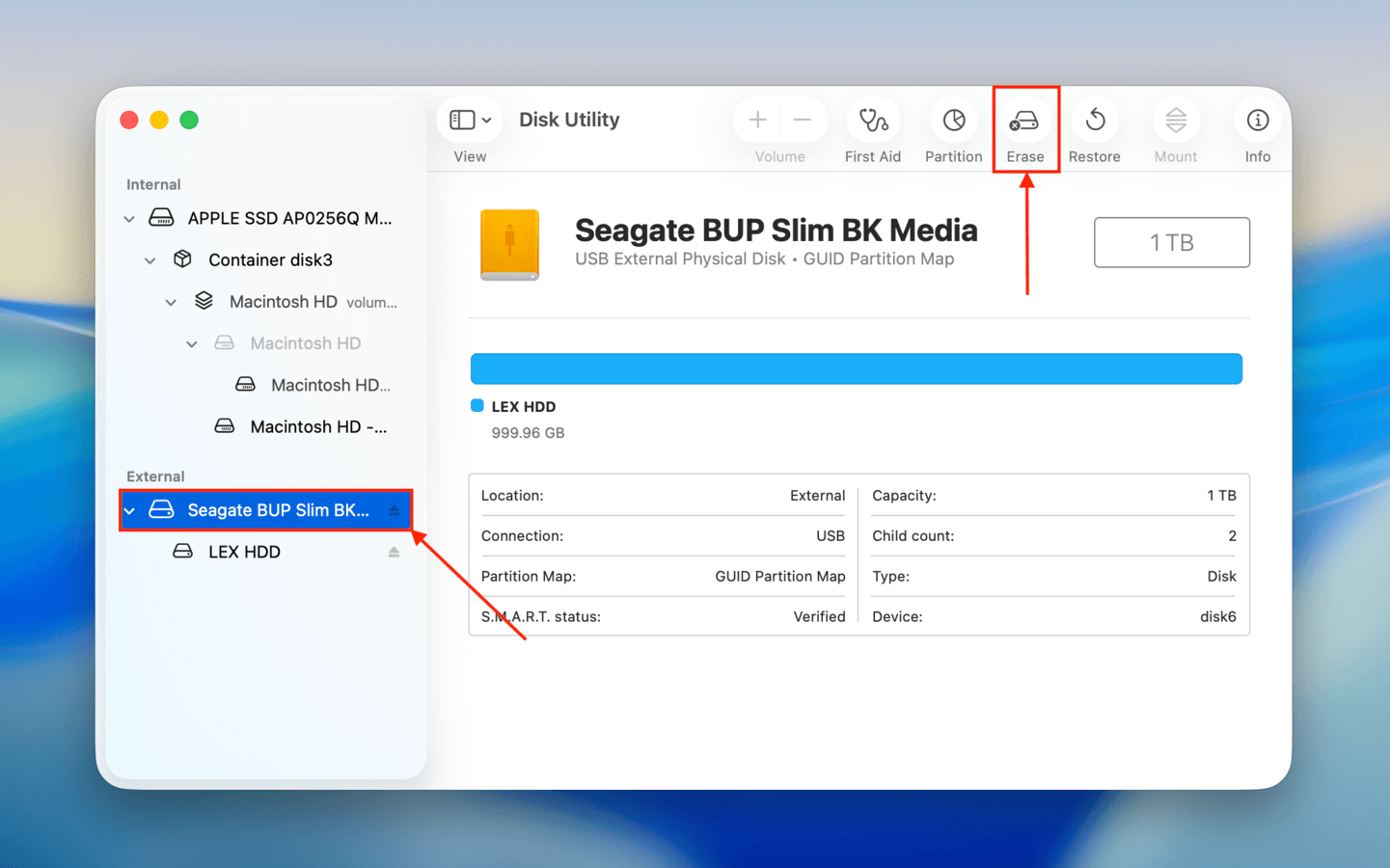 Running the Erase operation on an HDD in Disk Utility