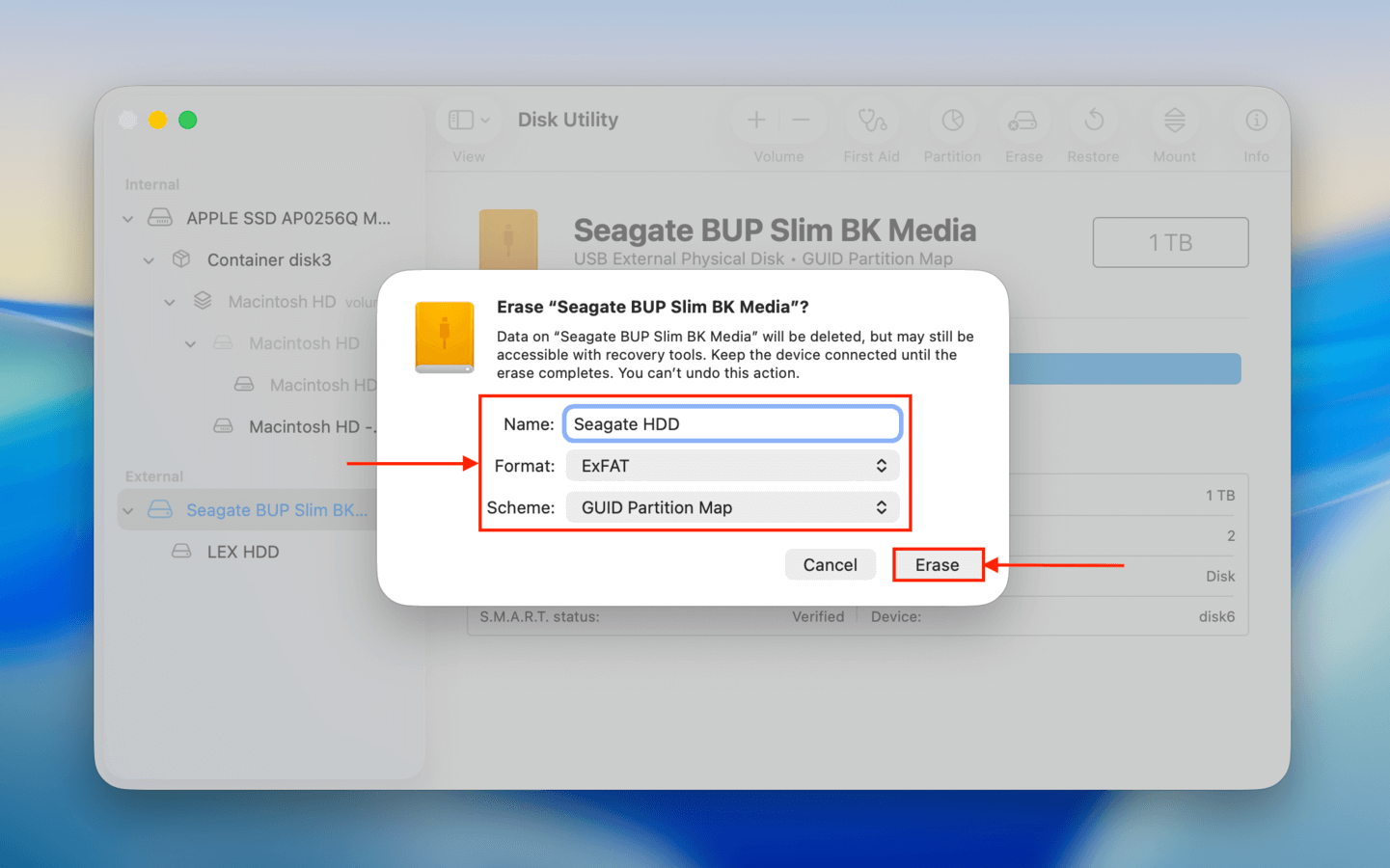 Setting the parameters for the Erase operation in Disk Utility