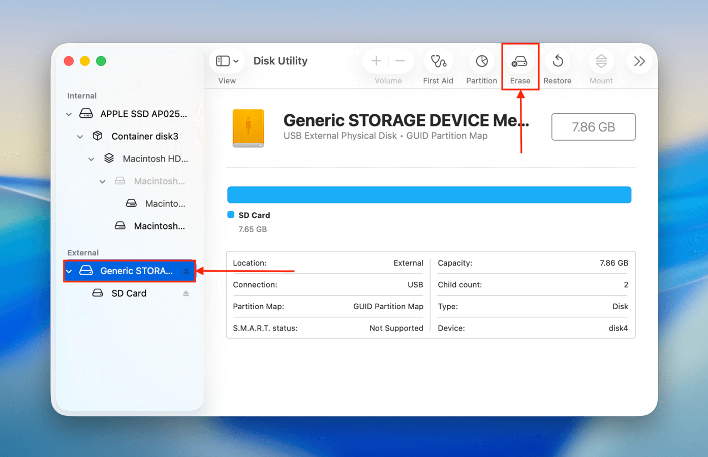 Using the Erase tool on an SD card using Disk Utility