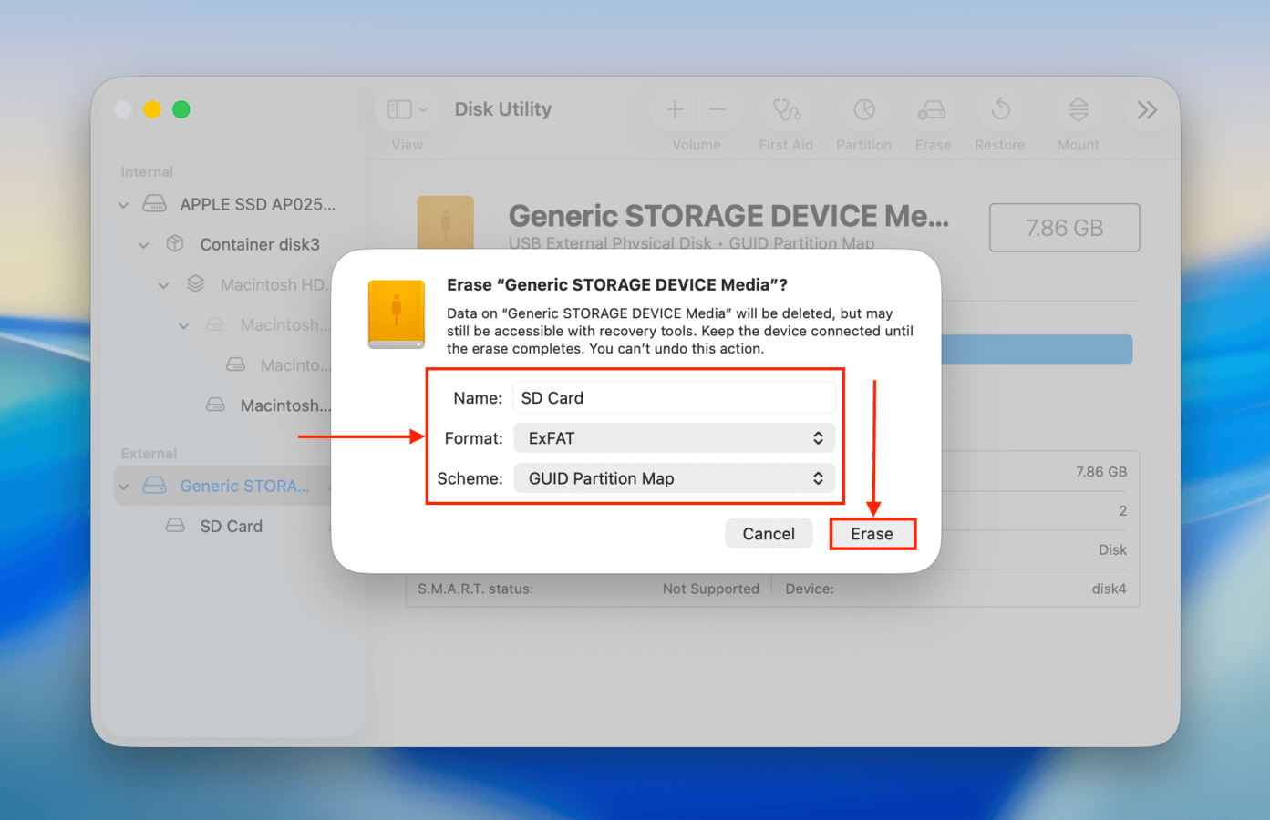 Choosing a name, format, and scheme for the formatted SD card