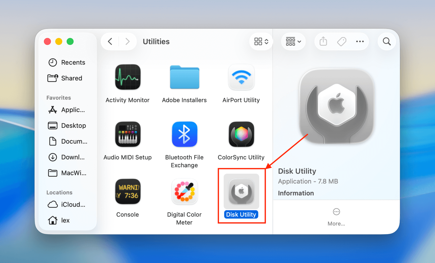 Opening Disk Utility from the Applications folder