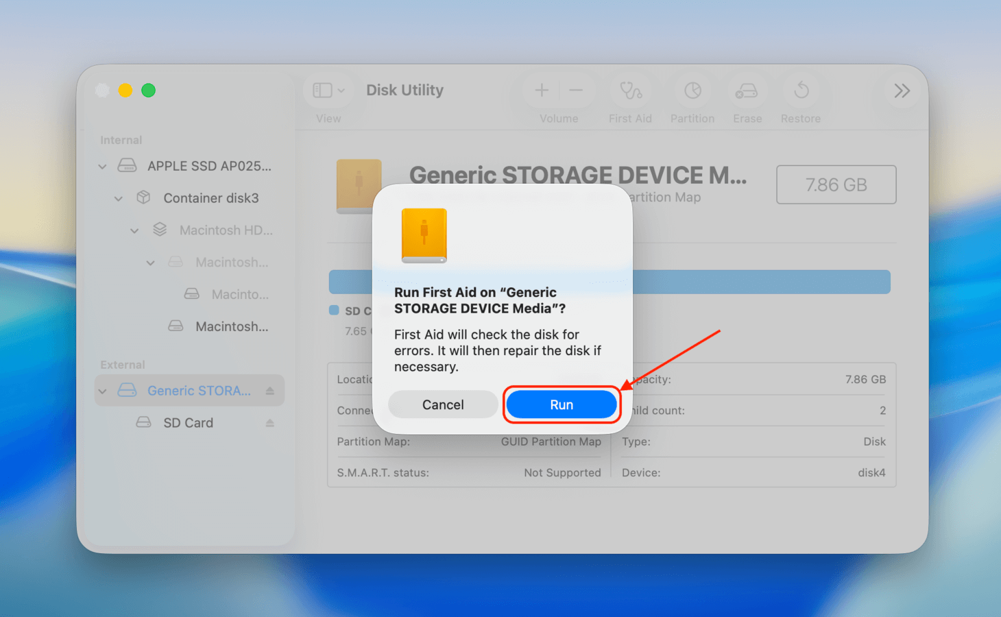 Confirming the First Aid operation on an SD card in Disk Utility