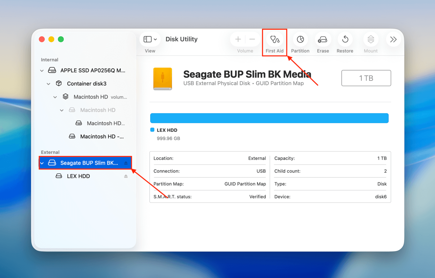 Running Disk Utility's First Aid tool on an HDD