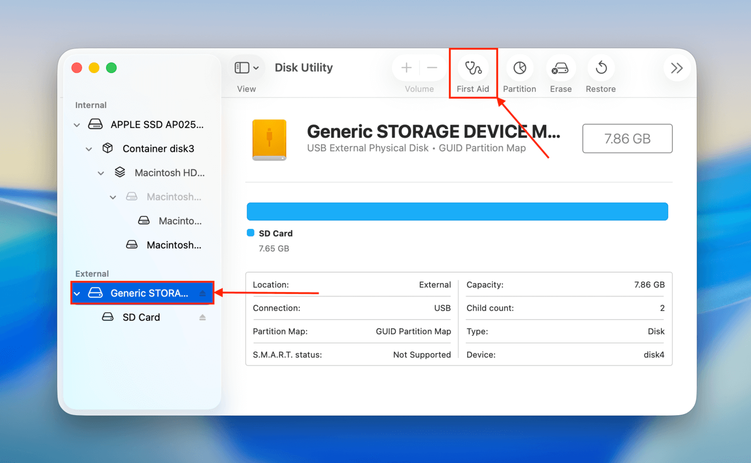 Running First Aid on an SD card in Disk Utility