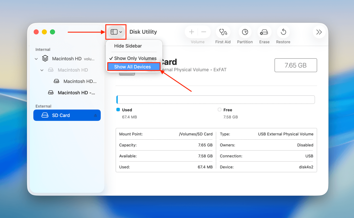 Enabling Show All Devices in Disk Utility