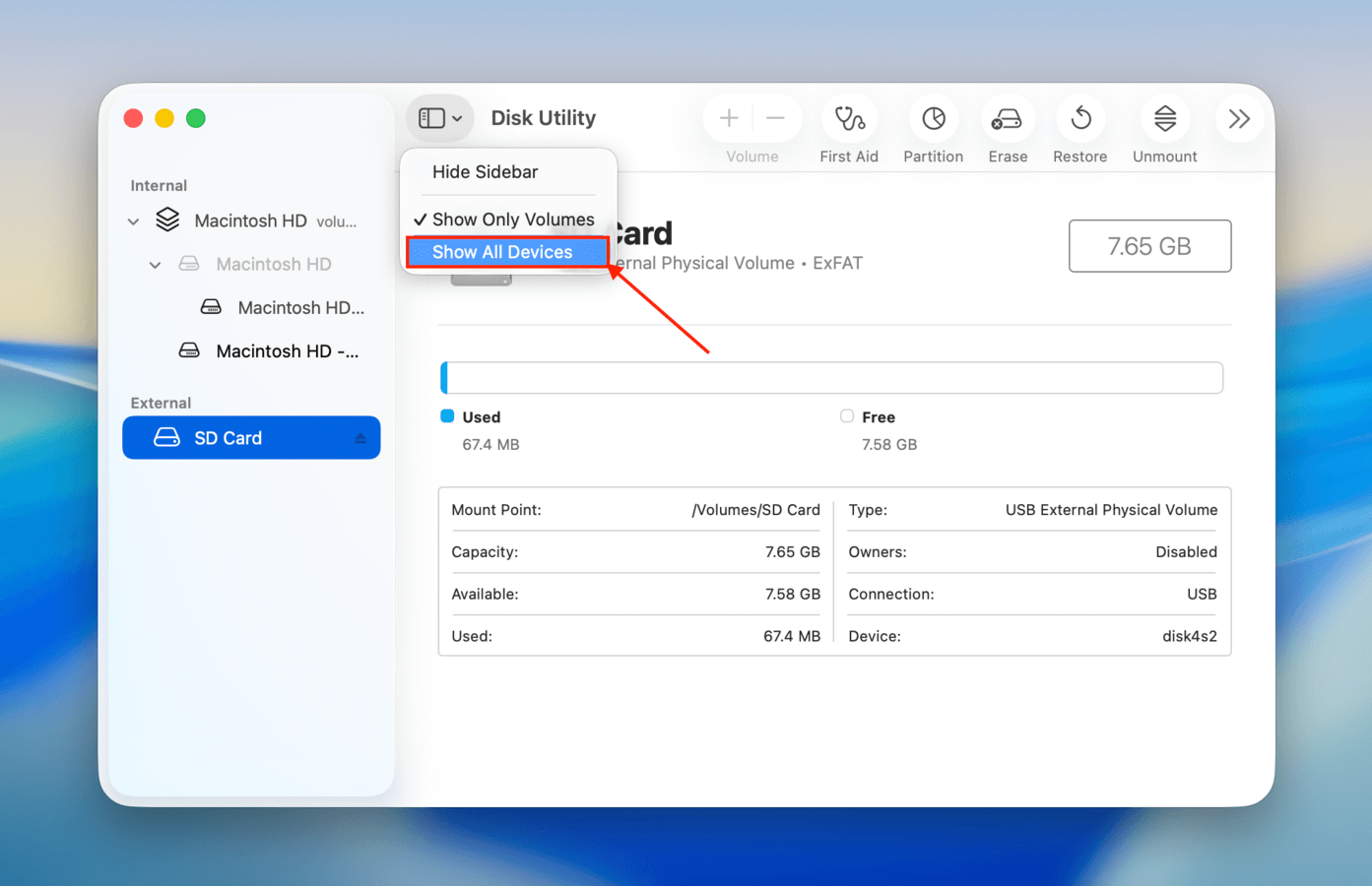 Enabling Show All Devices in Disk Utility