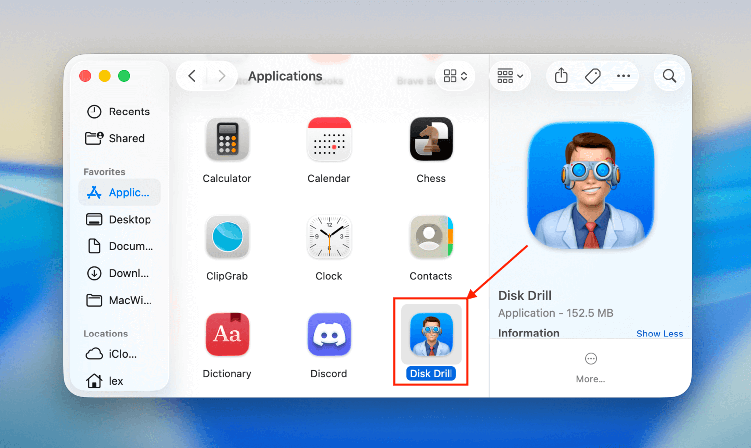 Opening the Disk Drill app in the Finder Applications folder