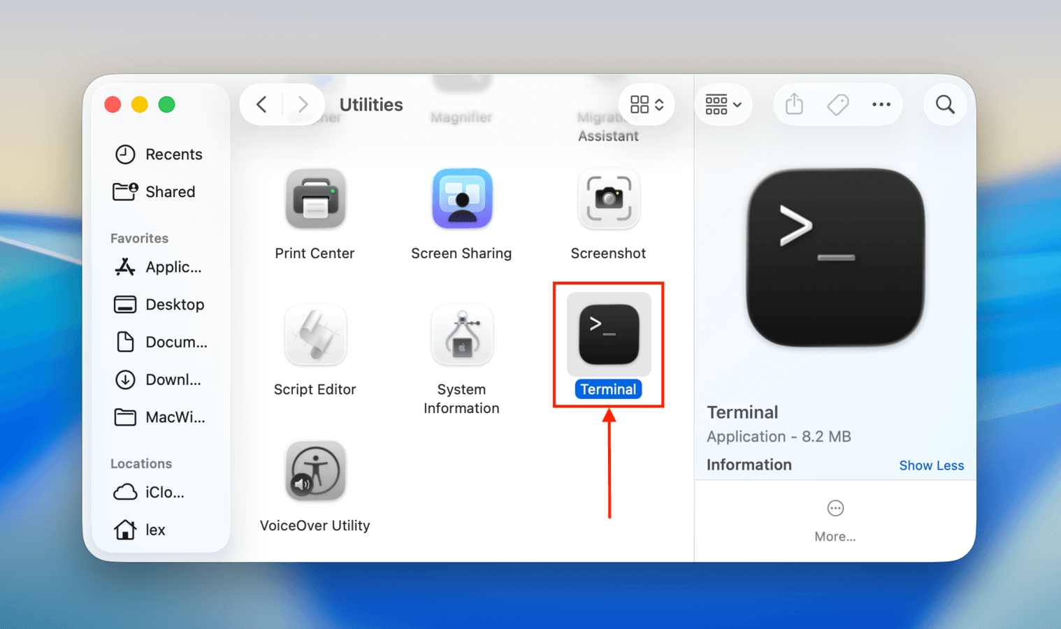 Opening the Terminal app in Finder