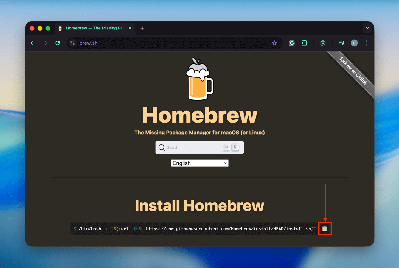 Copying Homebrew's installer command from the official website