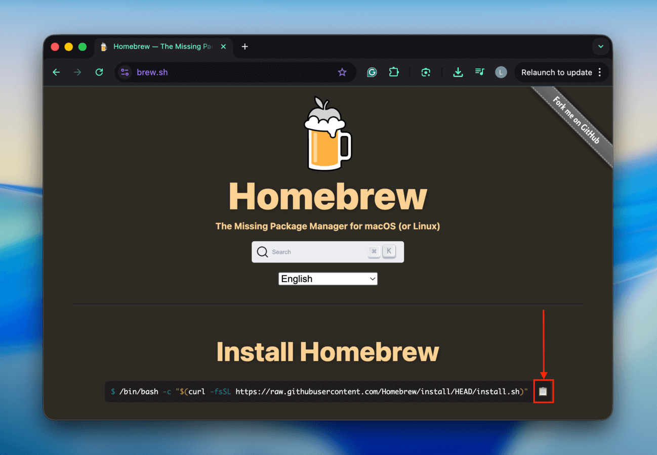 Copying the installer command in Homebrew's website