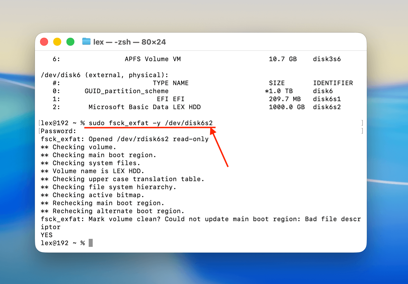 Running the FSCK command in the Terminal app