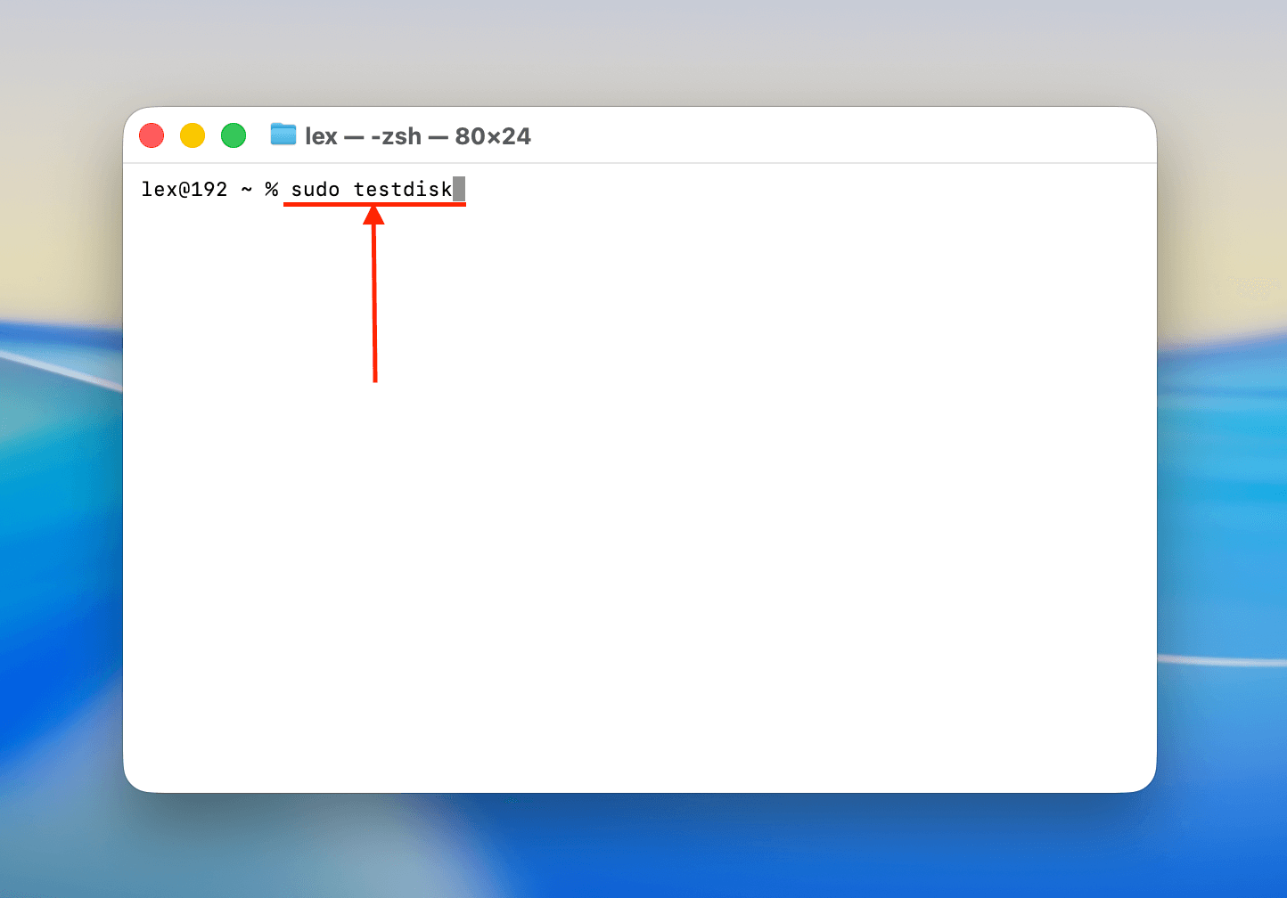 Running the sudo testdisk command in the Terminal app