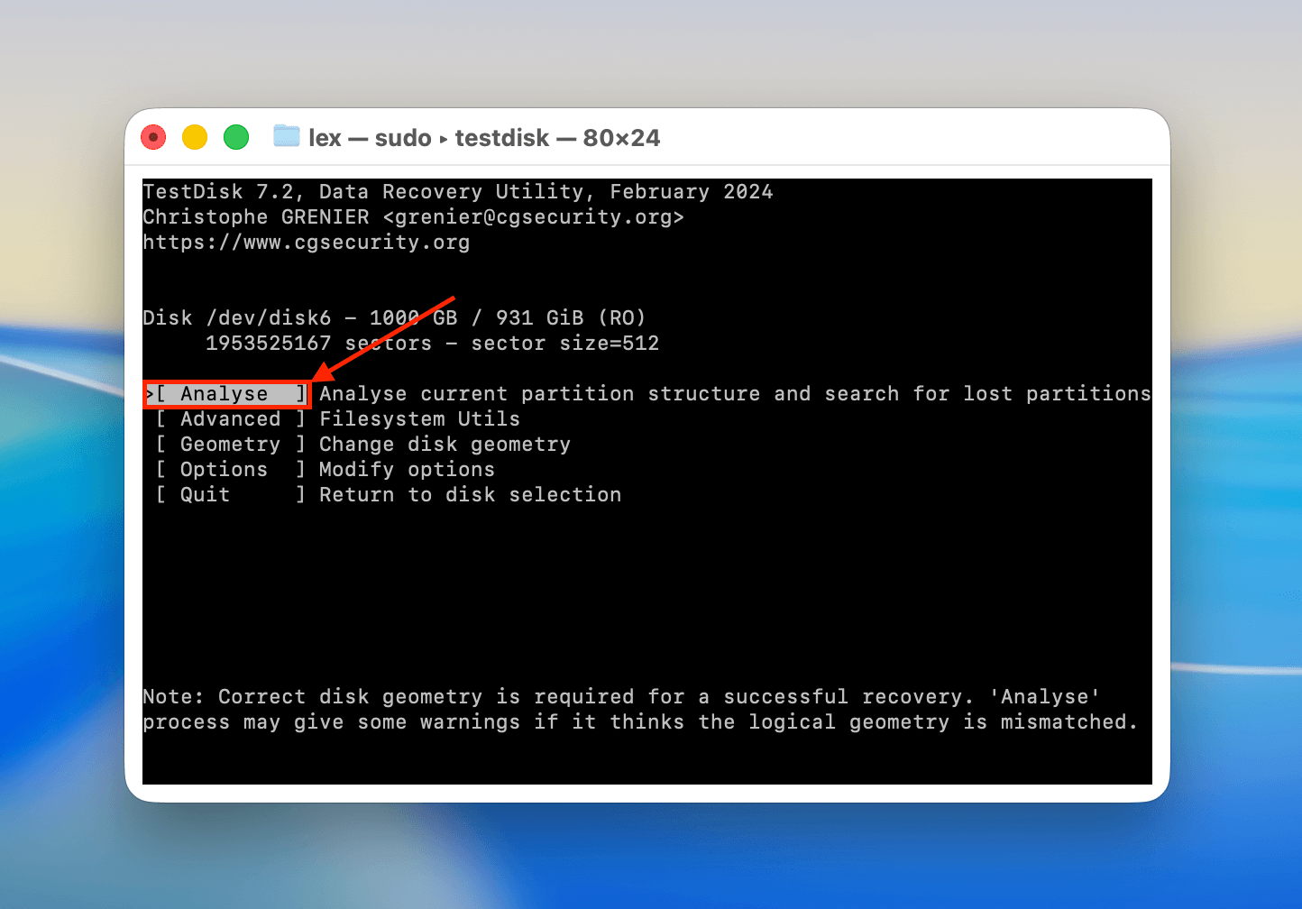 Choosing the Analyse option in TestDisk