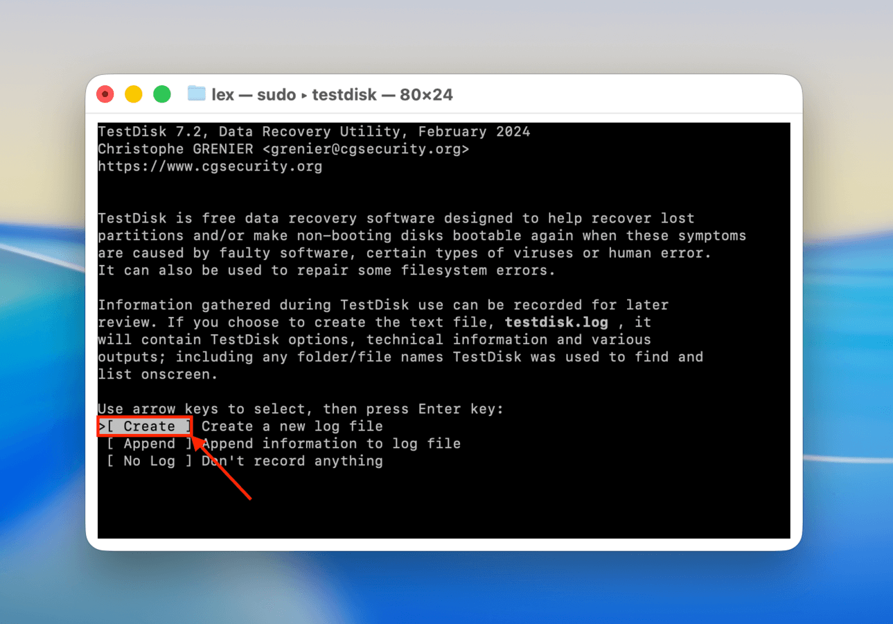 Selecting the Create option in TestDisk's initial menu