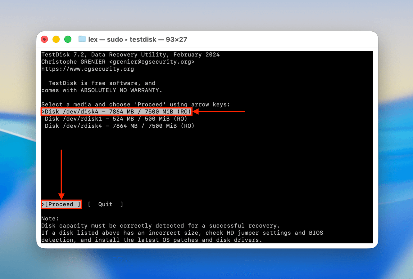 Selecting a disk in TestDisk