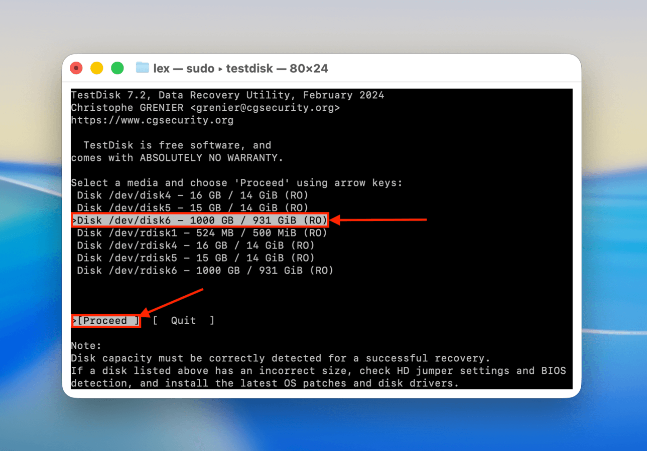 Selecting a drive to scan in TestDisk
