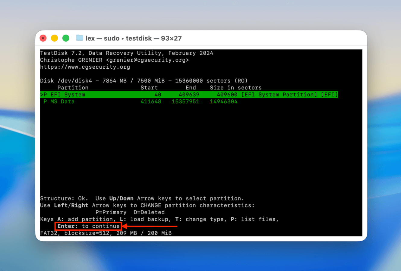 Selecting a found partition in TestDisk