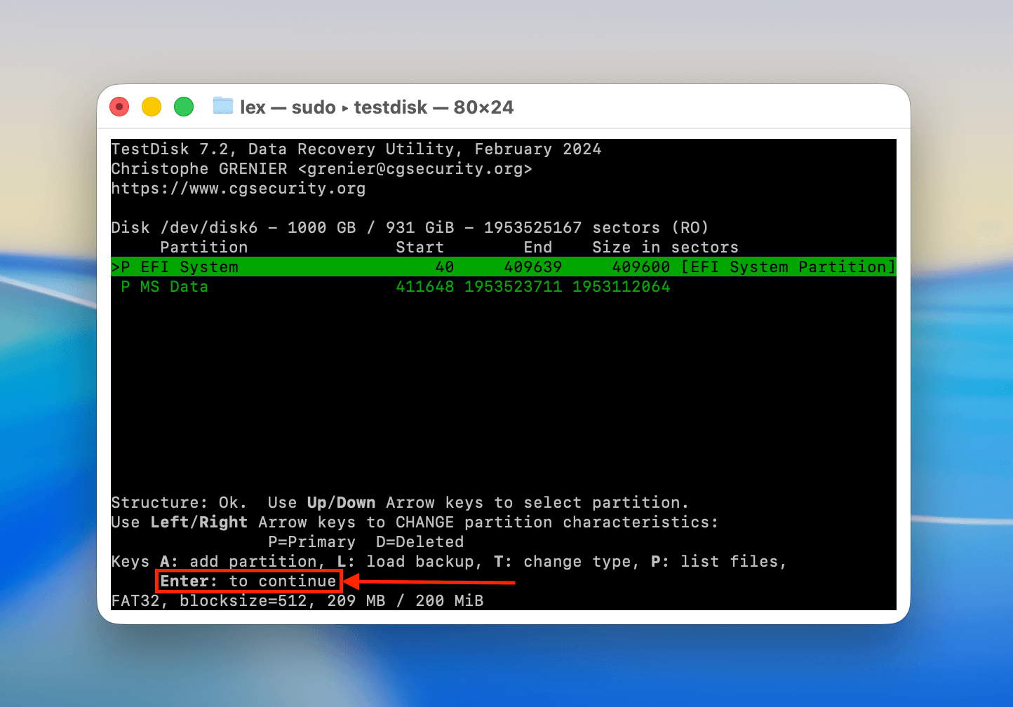 TestDisk partition selection menu