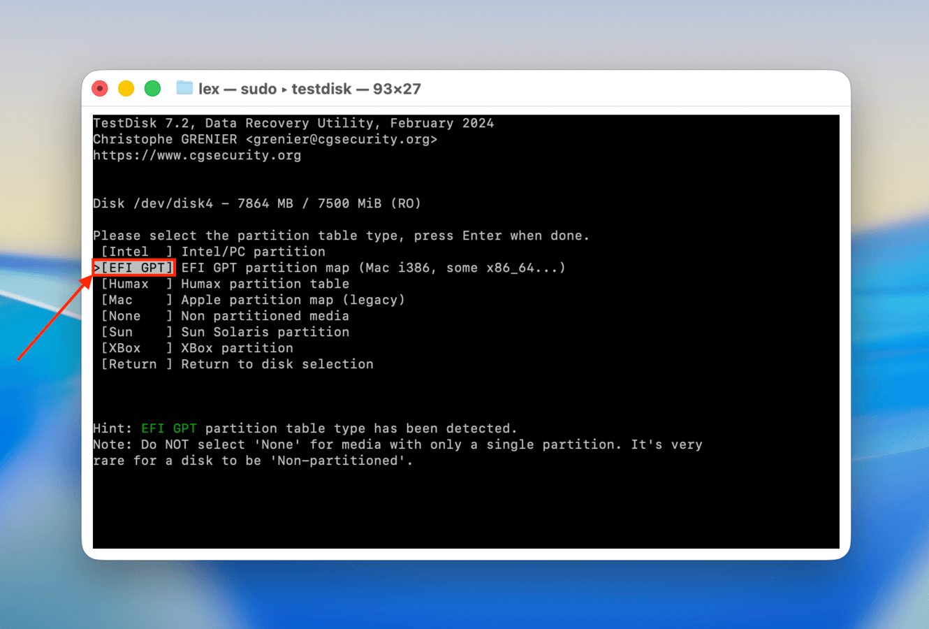 Selecting a partition table type in TestDisk