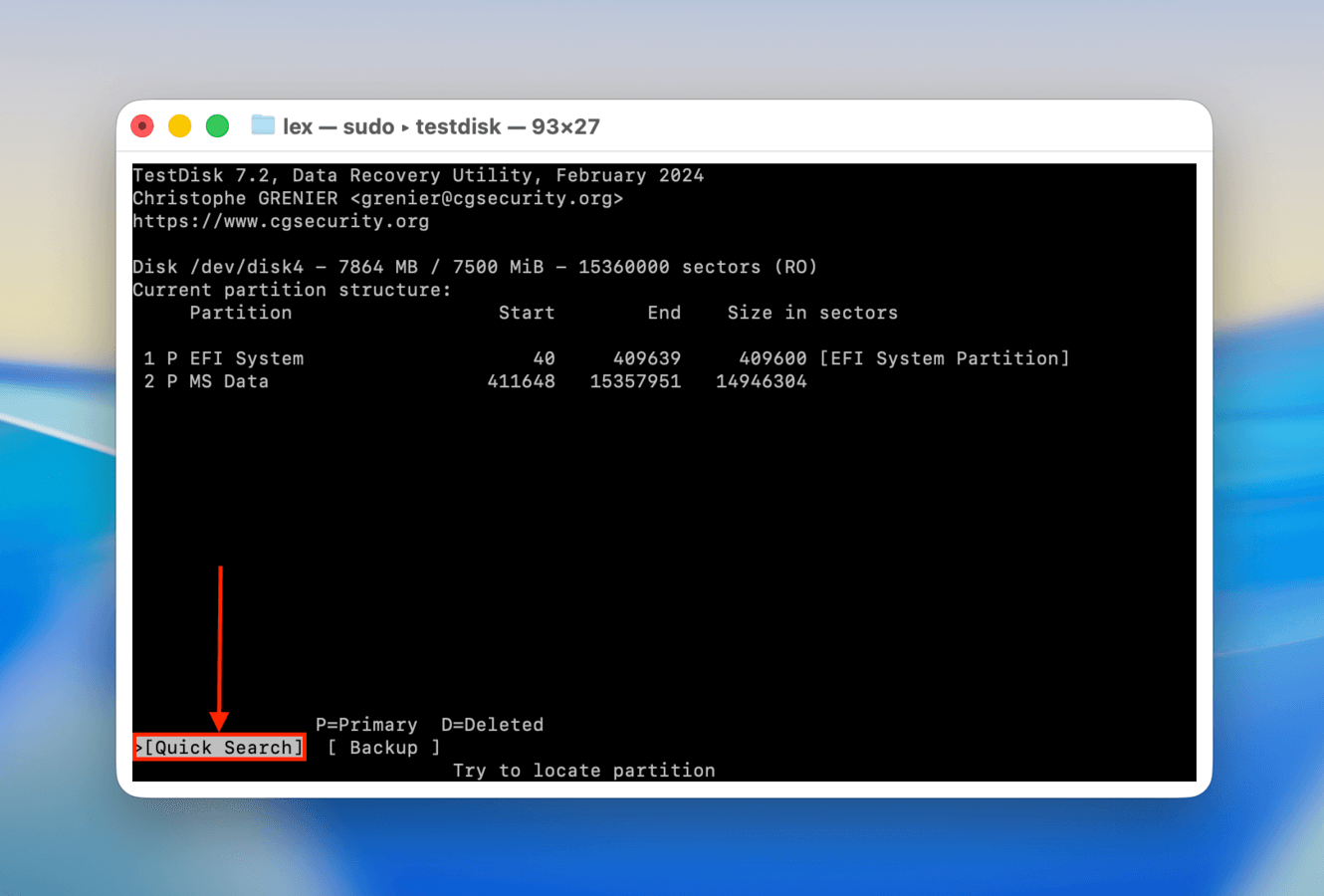 Running a Quick Search on an SD card with TestDisk