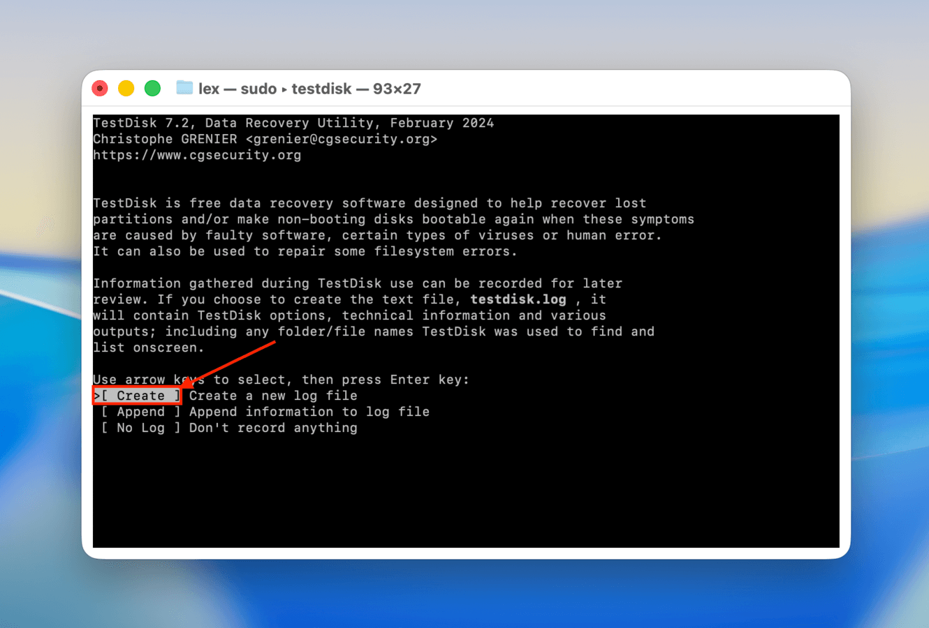 Choosing the Create option in TestDisk