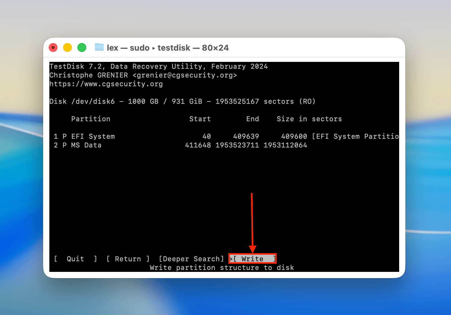 Writing a found partition in TestDisk