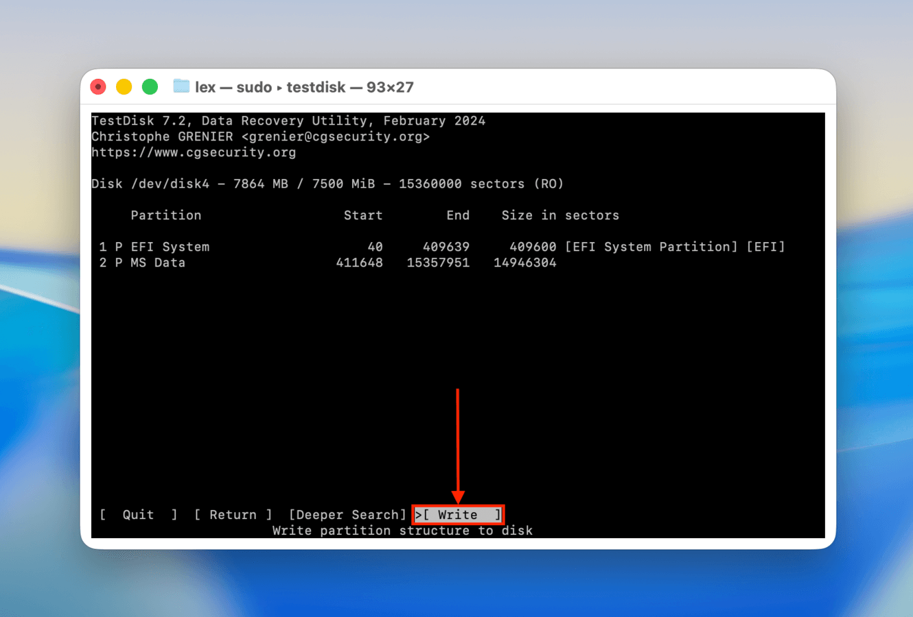 Writing a found SD card on a partition with TestDisk