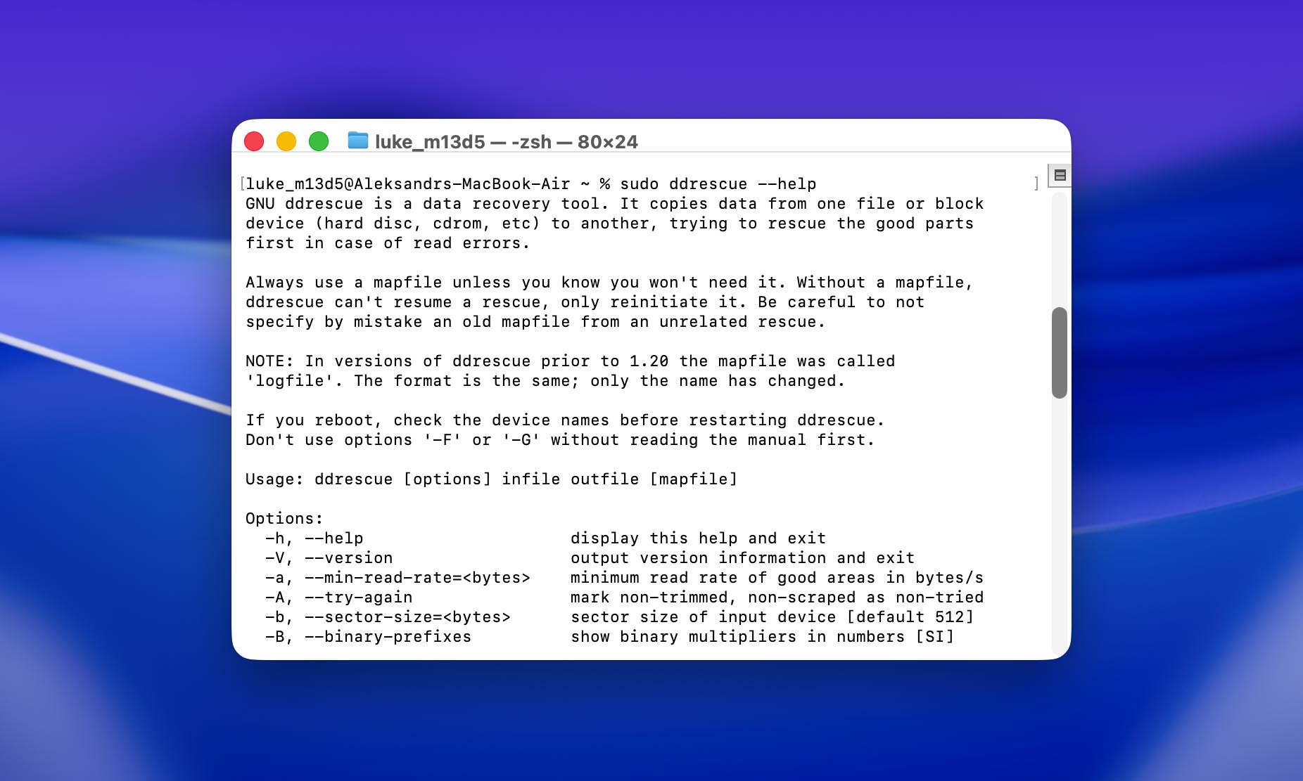 Running the GNU Ddrescue tool in Mac's Terminal app