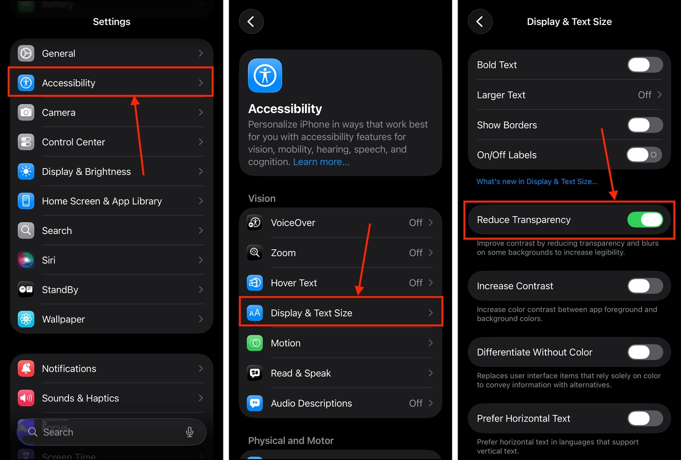 Activating the Reduce Transparency setting on an iPhone