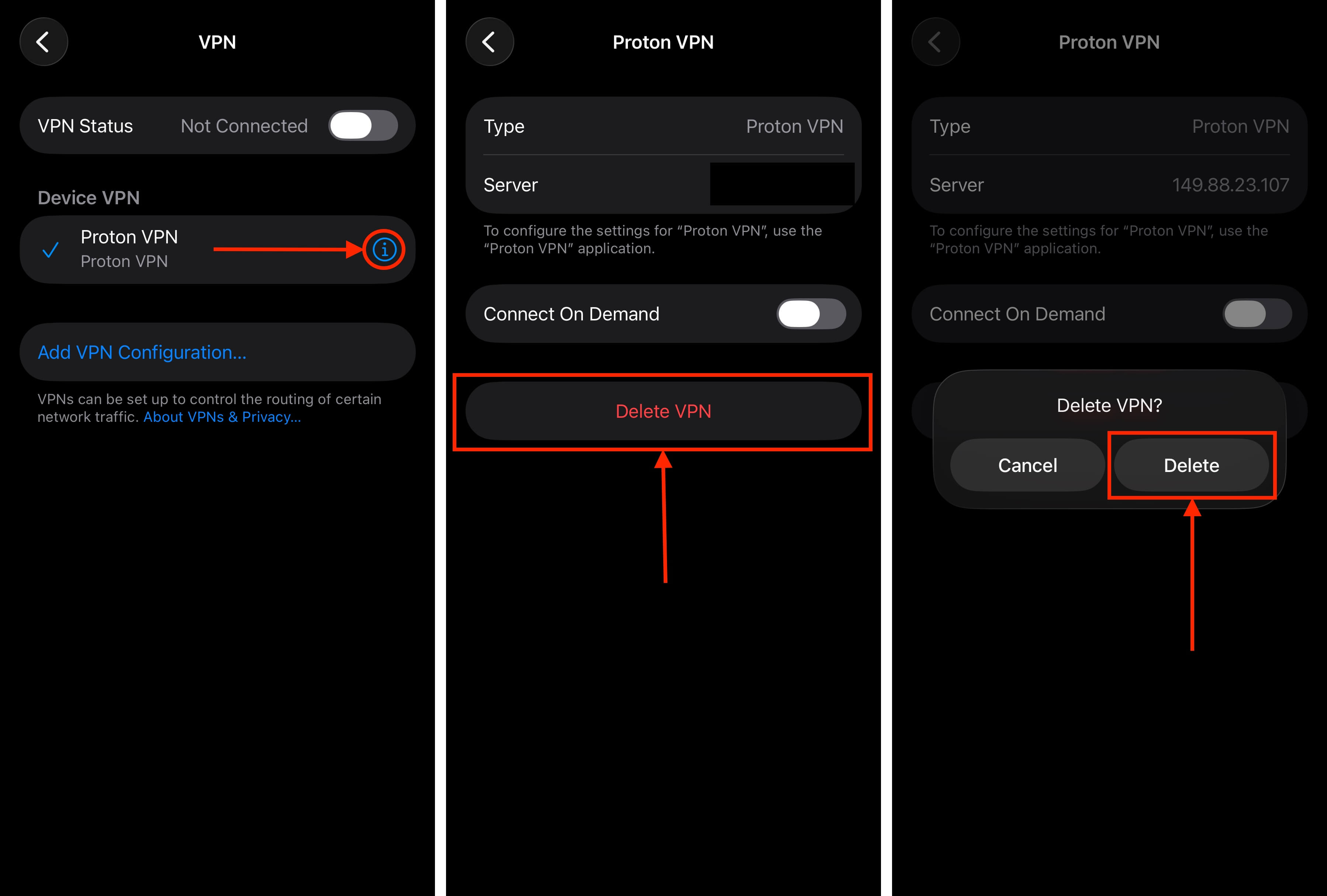 Deleting a VPN profile in the iPhone Settings app