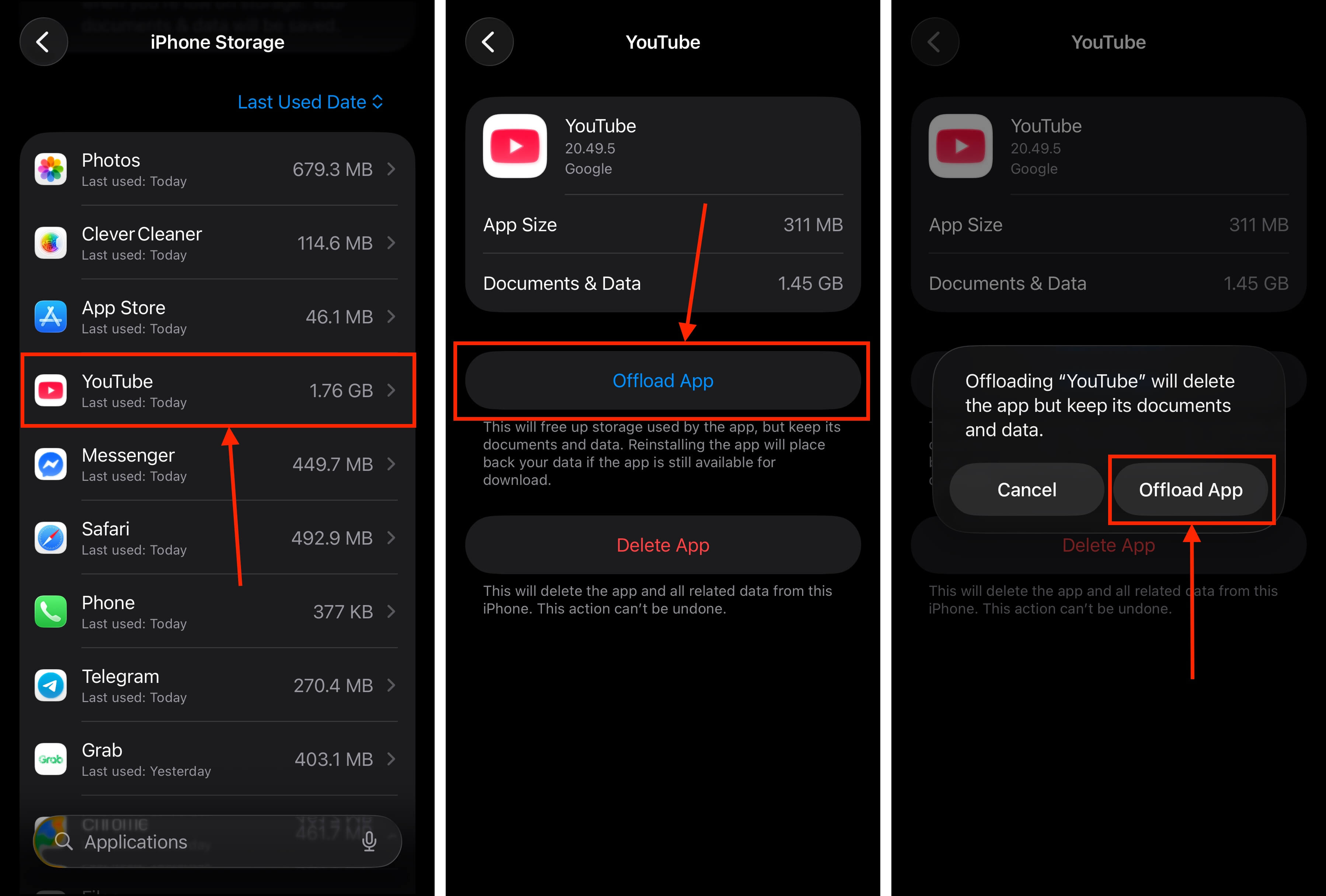 Offloading an app through iPhone settings