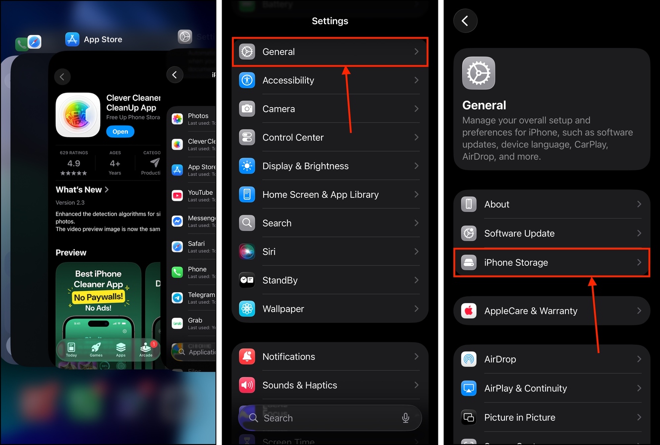 Accessing the storage menu page in the Settings app