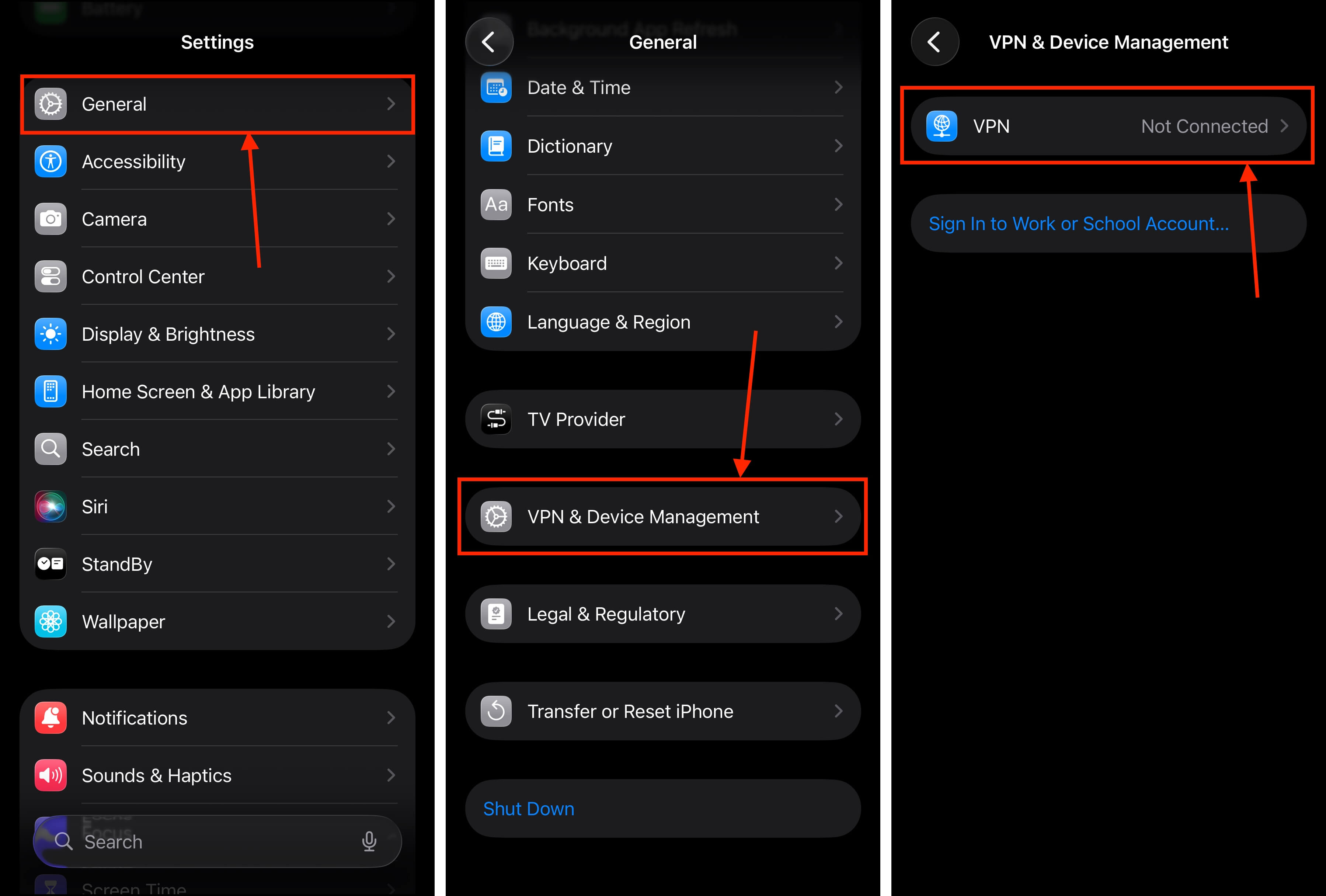 Accessing the VPN Management page in the Settings app