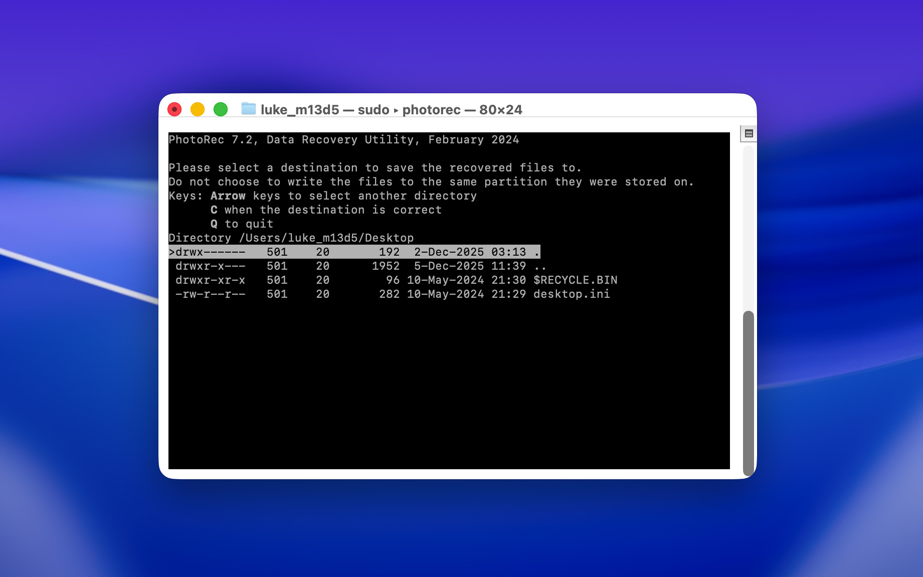 Command line interface of PhotoRec for macOS