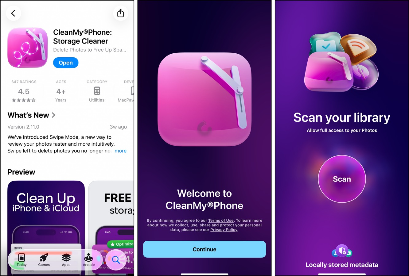 CleanMyPhone App Store page and initial screens
