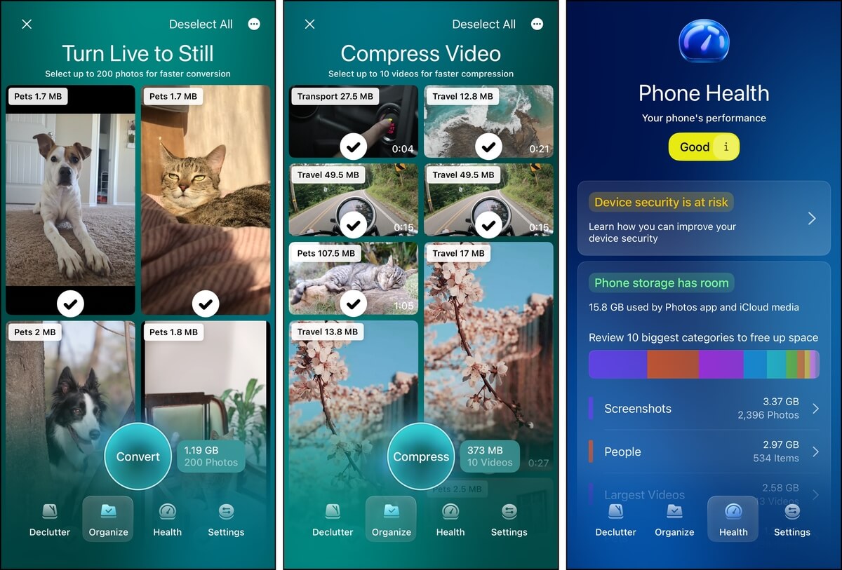 selecting photo lives to convert and videos to compress in the CleanMyPhone app