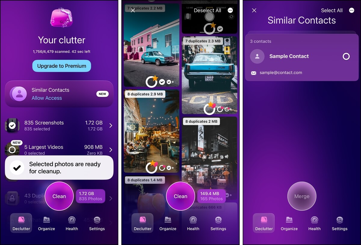 selecting files and contacts to declutter in the CleanMyPhone app