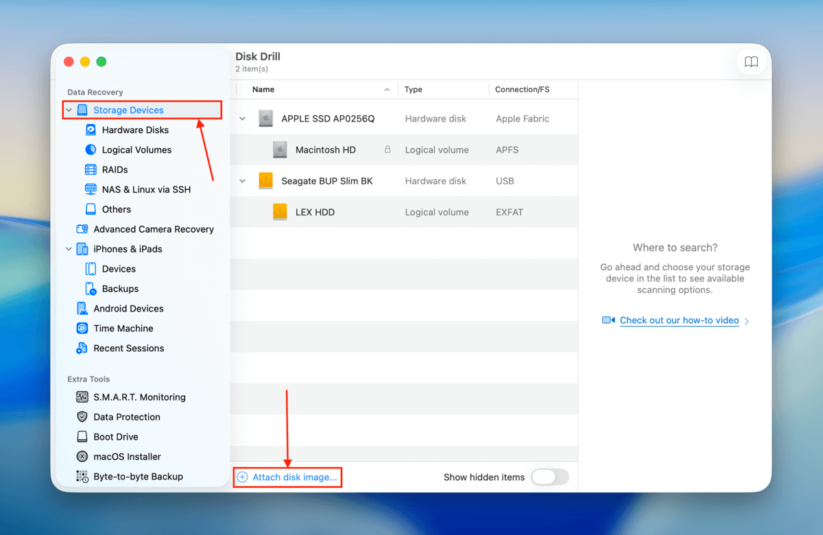 attaching disk image in Disk Drill