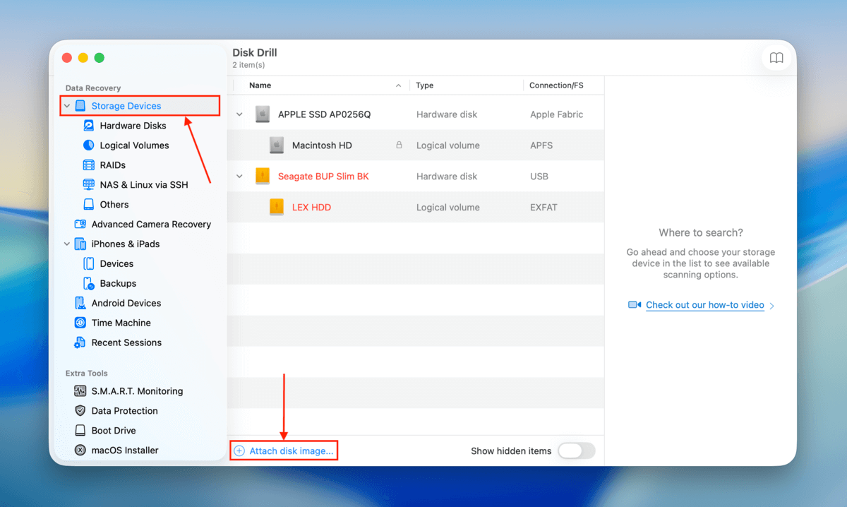 attach disk option in Disk Drill