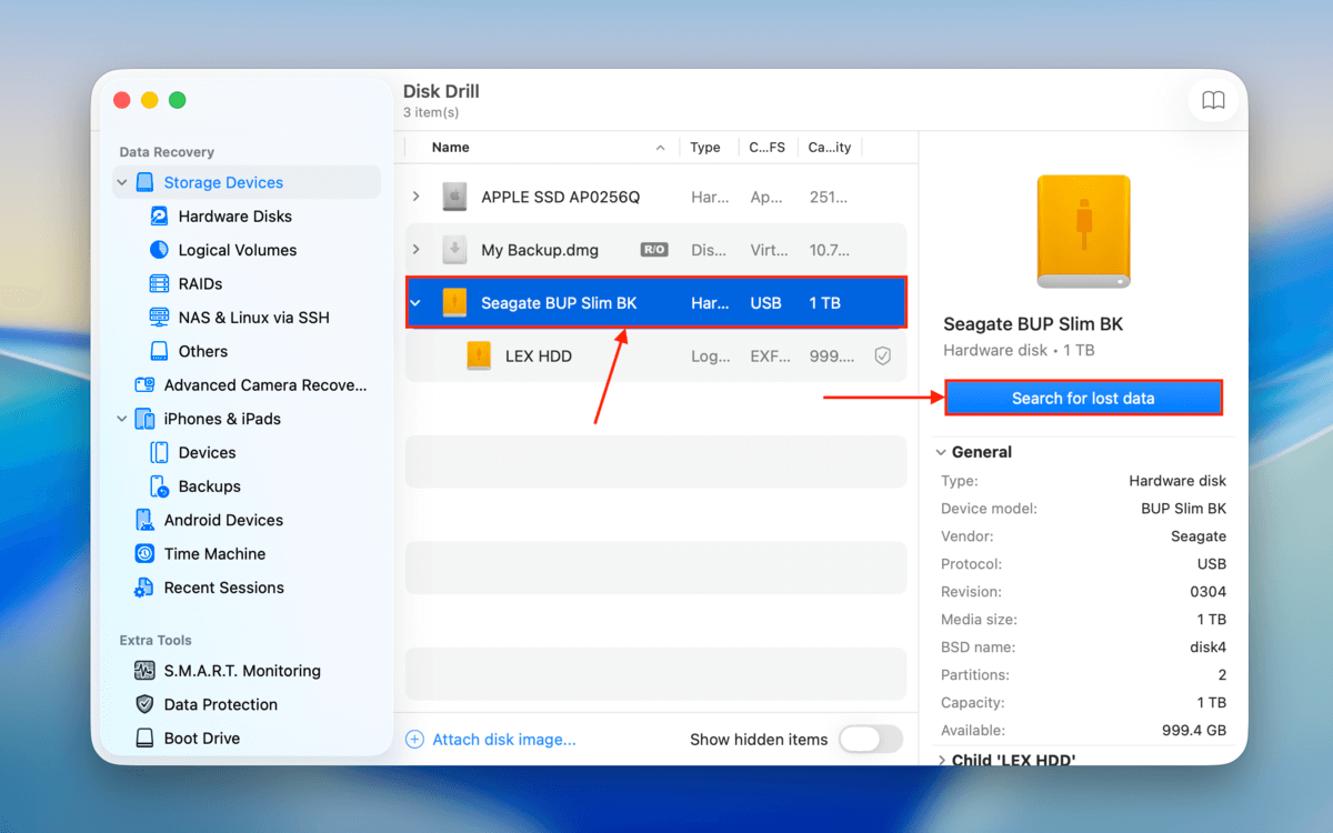 raid array selection window in disk drill
