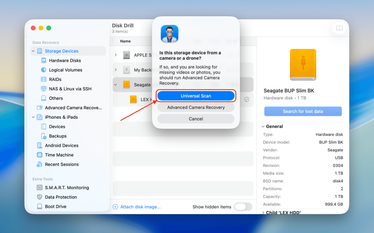 universal scan option in the dialog box