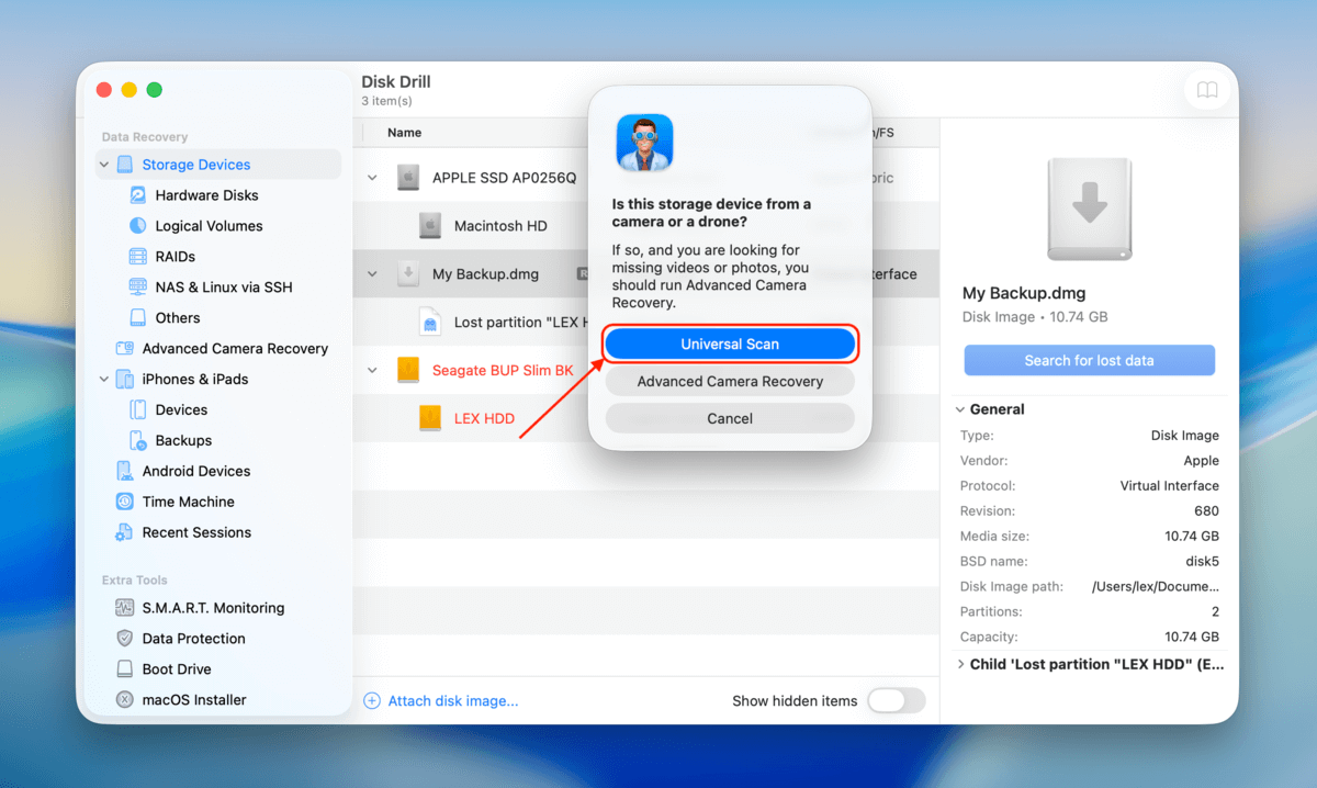 universal scan button in Disk Drill dialog box
