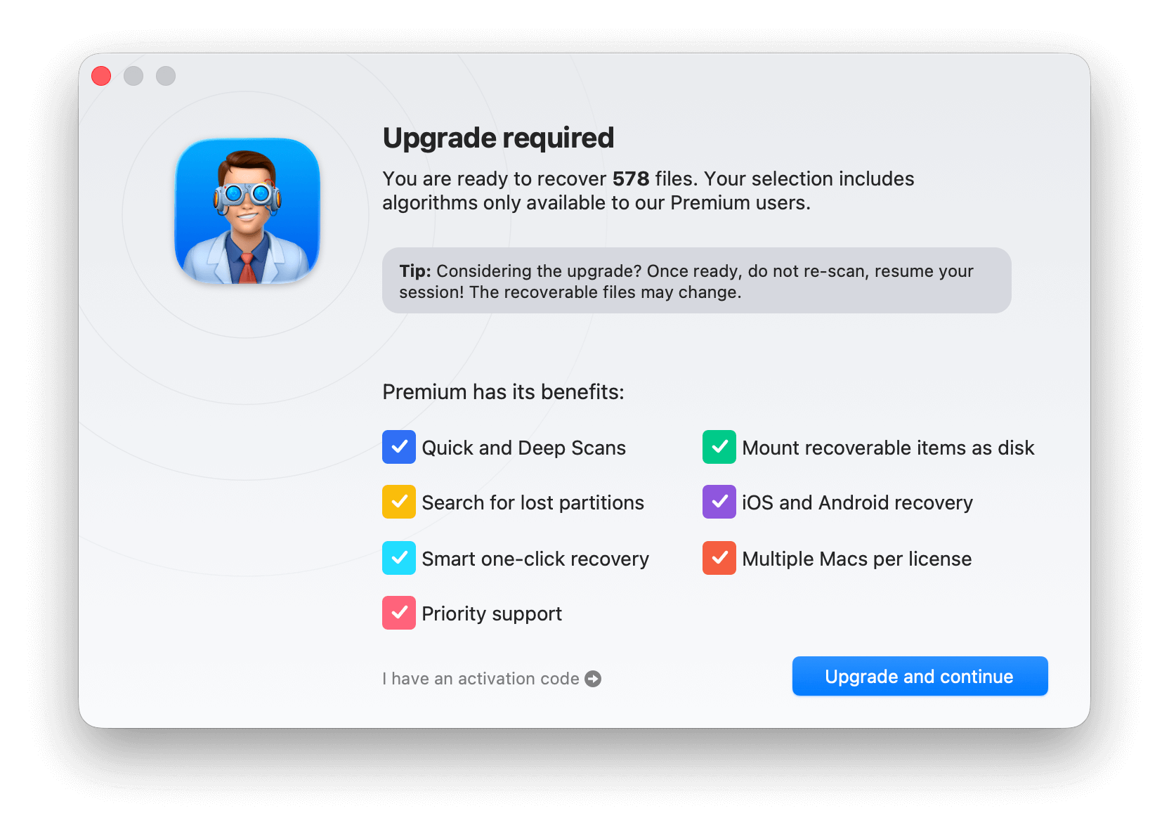 Disk Drill upgrade dialog box
